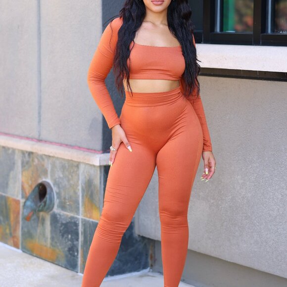 Larmi Activewear Long Sleeve Top And Leggings Set - Brown - Picture 2 of 3